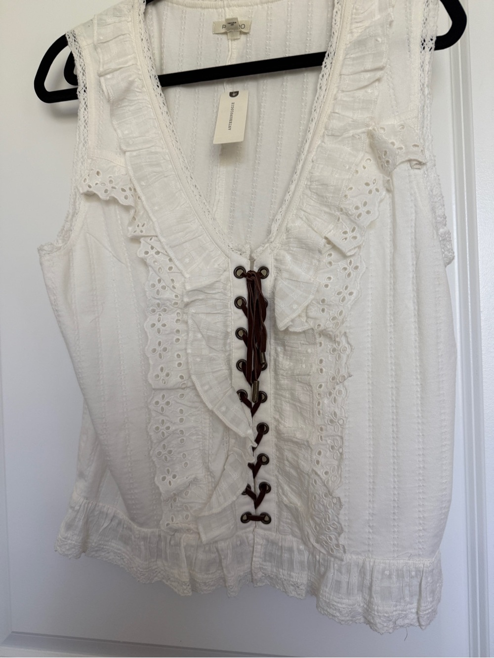 Pilcro White Eyelet Ruffle Tank with Brown Corset Tie - Picture 2 of 2